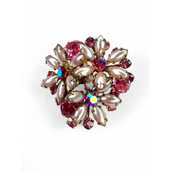 Vintage Flower Brooch Clip On Earrings Set Pink Crystal Faux Pearls - Picture 4 of 15